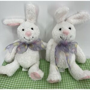 Vintage Hallmark White Easter Bunny Rabbit Twins‎ Polka Dot Bow Plush 10" Soft